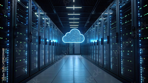 Cloud Computing concept  modern data center with illuminated servers and cloud symbol  showcasing advanced technology and efficiency