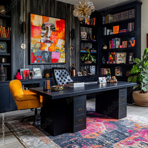 Stylish home office with bold artwork, black furniture, layered textiles, and moody lighting, creating a dynamic artistic ambiance