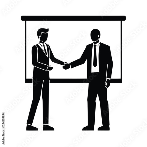 Strong handshake silhouette boldly in front of presentation underscores robust business partnership