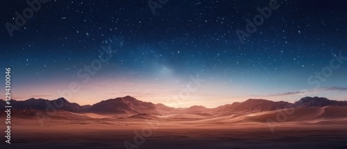 Breathtaking Starry Night Sky Over Desert Landscape with Majestic Mountains and Serene Horizon in Warm Light