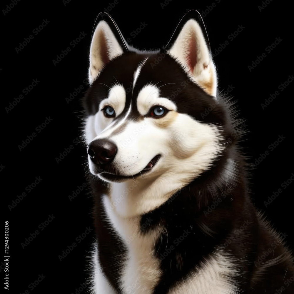 Close-up portrait of a confident Siberian Husky with blue eyes on a black background
Close-up portrait of a confident Siberian Husky with blue eyes on a black background
