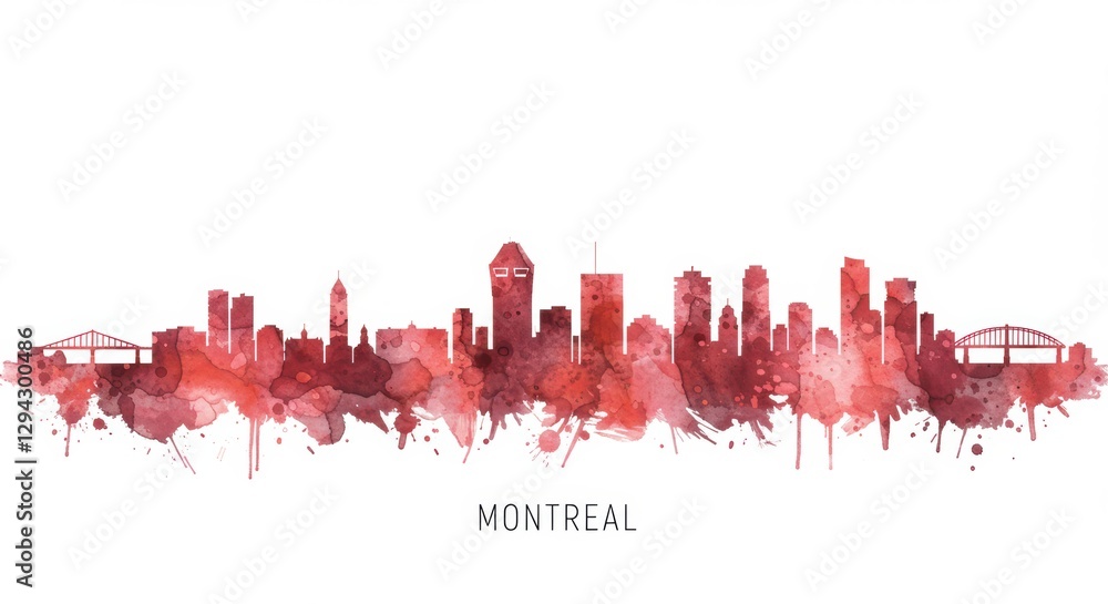 Montreal city skyline silhouette with artistic red watercolor splash Montreal city skyline silhouette with artistic red watercolor splash