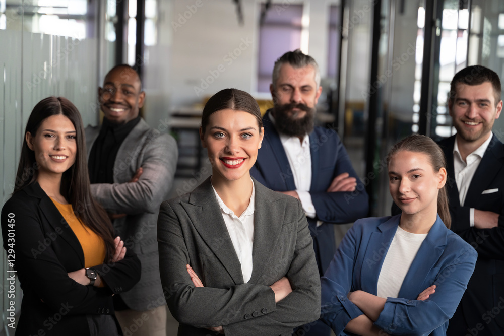 Diverse business team standing together in a modern office, smiling with arms crossed. Concept of teamwork, leadership, success, confidence, corporate culture, and professional collaboration Diverse business team standing together in a modern office, smiling with arms crossed. Concept of teamwork, leadership, success, confidence, corporate culture, and professional collaboration