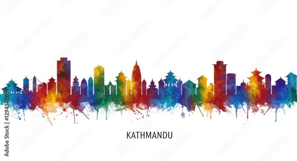 Obraz premium Colorful watercolor skyline of kathmandu with splash effects featuring iconic landmarks