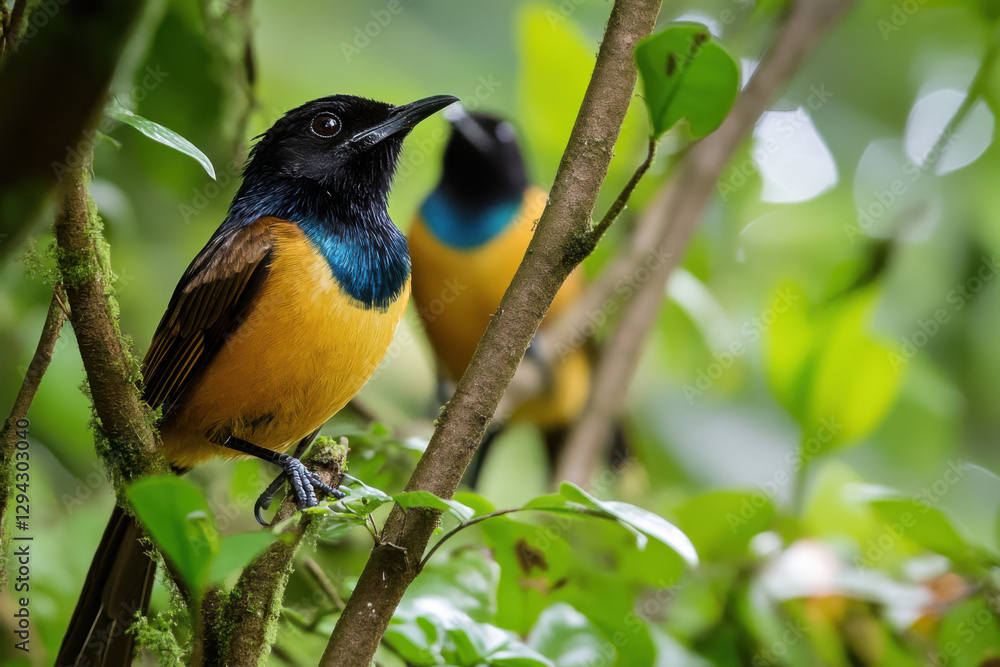 Golden-breasted starling perching on branch in lush green forest Golden-breasted starling perching on branch in lush green forest