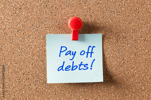 Debt payoff reminder. A sticky note pinned to a corkboard with the handwritten message: 'Pay off debts!' A visual cue for financial goals and money management.