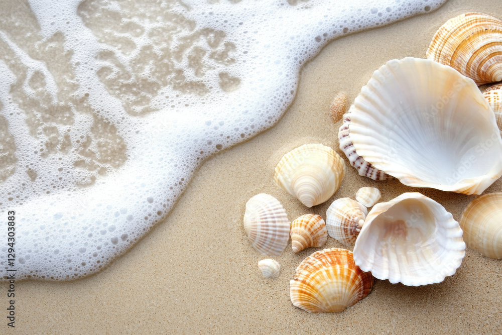 Seashells are kissing the shore as the foamy wave gently retreats Seashells are kissing the shore as the foamy wave gently retreats