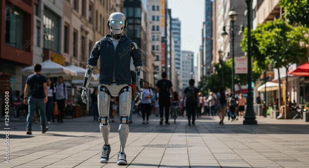Obraz premium Urban robot strolling in city center on a busy day