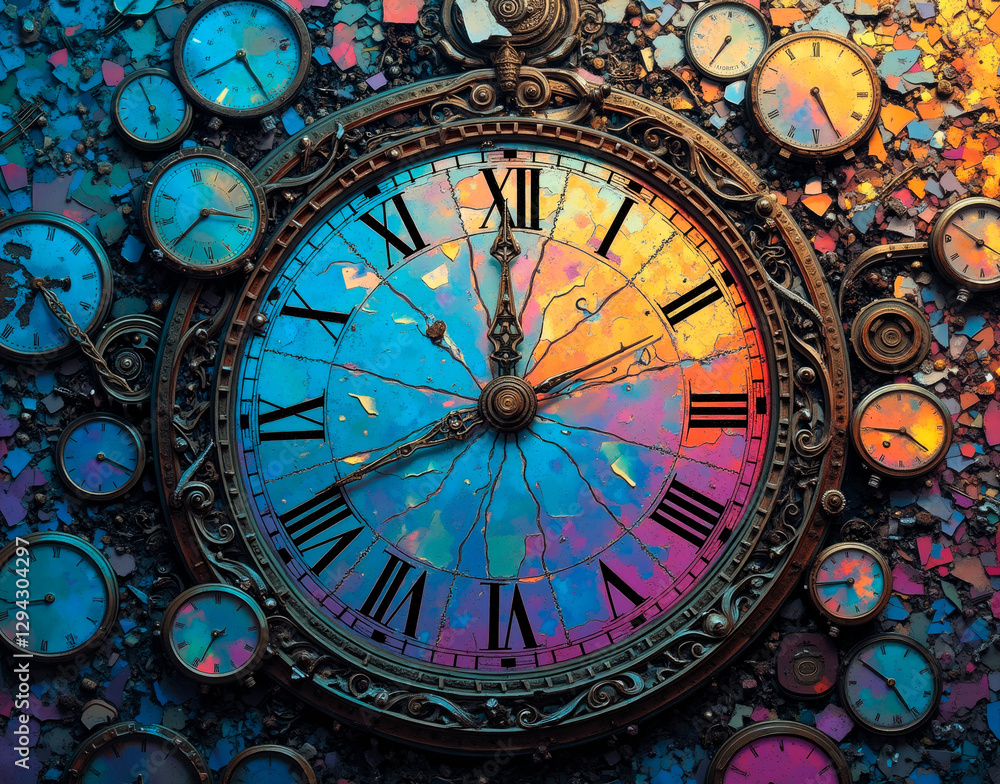 Obraz premium Iridescent shattered clocks with time decay gradients, symbolizing mortality and the memento mori concept in a surreal visual.