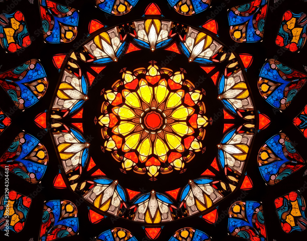 Geometric stained glass tessellation with cathedral light refraction, blending medieval craftsmanship with modern design. Geometric stained glass tessellation with cathedral light refraction, blending medieval craftsmanship with modern design.