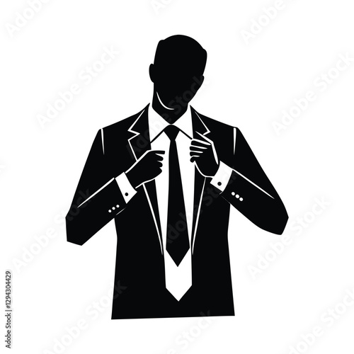 Skilled businessperson silhouette flawlessly adjusts tie prior to an important critical presentation