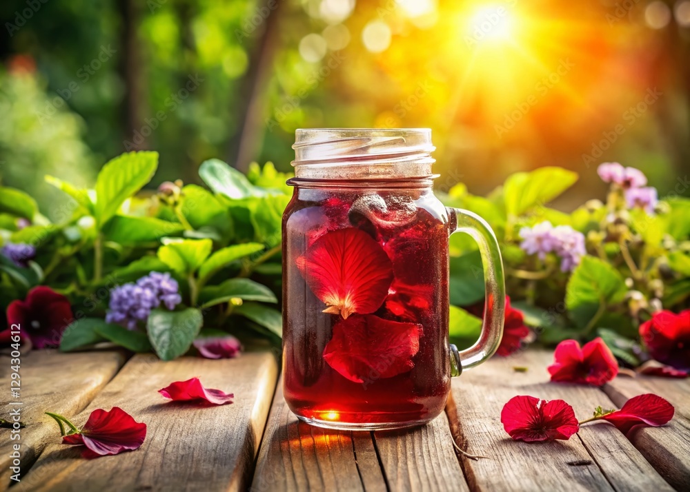 Refreshing Hibiscus Iced Tea in a Mason Jar - Summer Garden Beverage Photography Refreshing Hibiscus Iced Tea in a Mason Jar - Summer Garden Beverage Photography