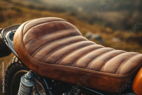 Close-up of a vintage brown leather motorcycle seat, showcasing its texture and craftsmanship against a blurred natural background.