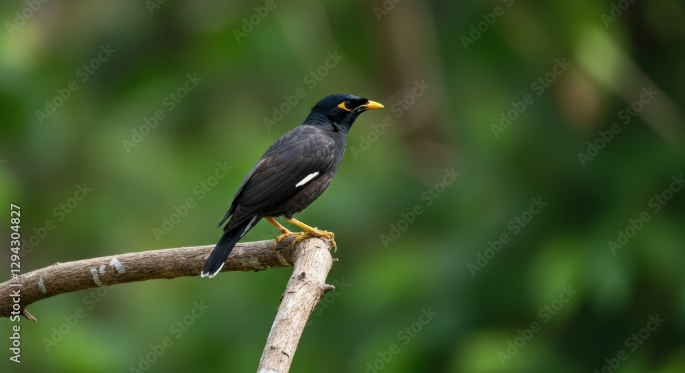 Common myna bird perched on branch in lush green forest background Common myna bird perched on branch in lush green forest background