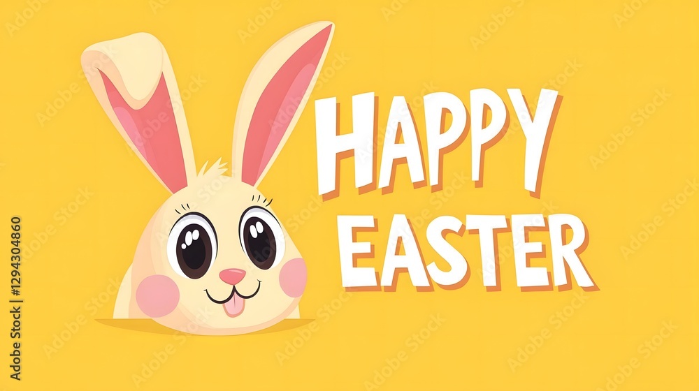 Cute Cartoon Easter Bunny with Big Eyes Smiling and Peeking from Top Left Corner on Yellow Background, Cute Cartoon Easter Bunny with Big Eyes Smiling and Peeking from Top Left Corner on Yellow Background,