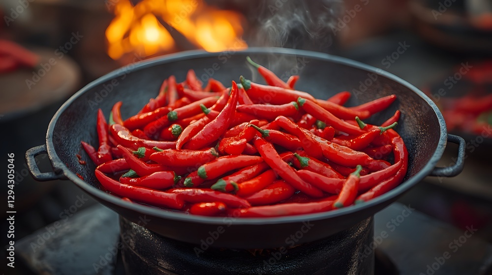 Wok filled with steaming red chili peppers being cooked over open flame. Spicy aroma of roasted peppers fills air creating fiery and flavorful cooking scene Wok filled with steaming red chili peppers being cooked over open flame. Spicy aroma of roasted peppers fills air creating fiery and flavorful cooking scene