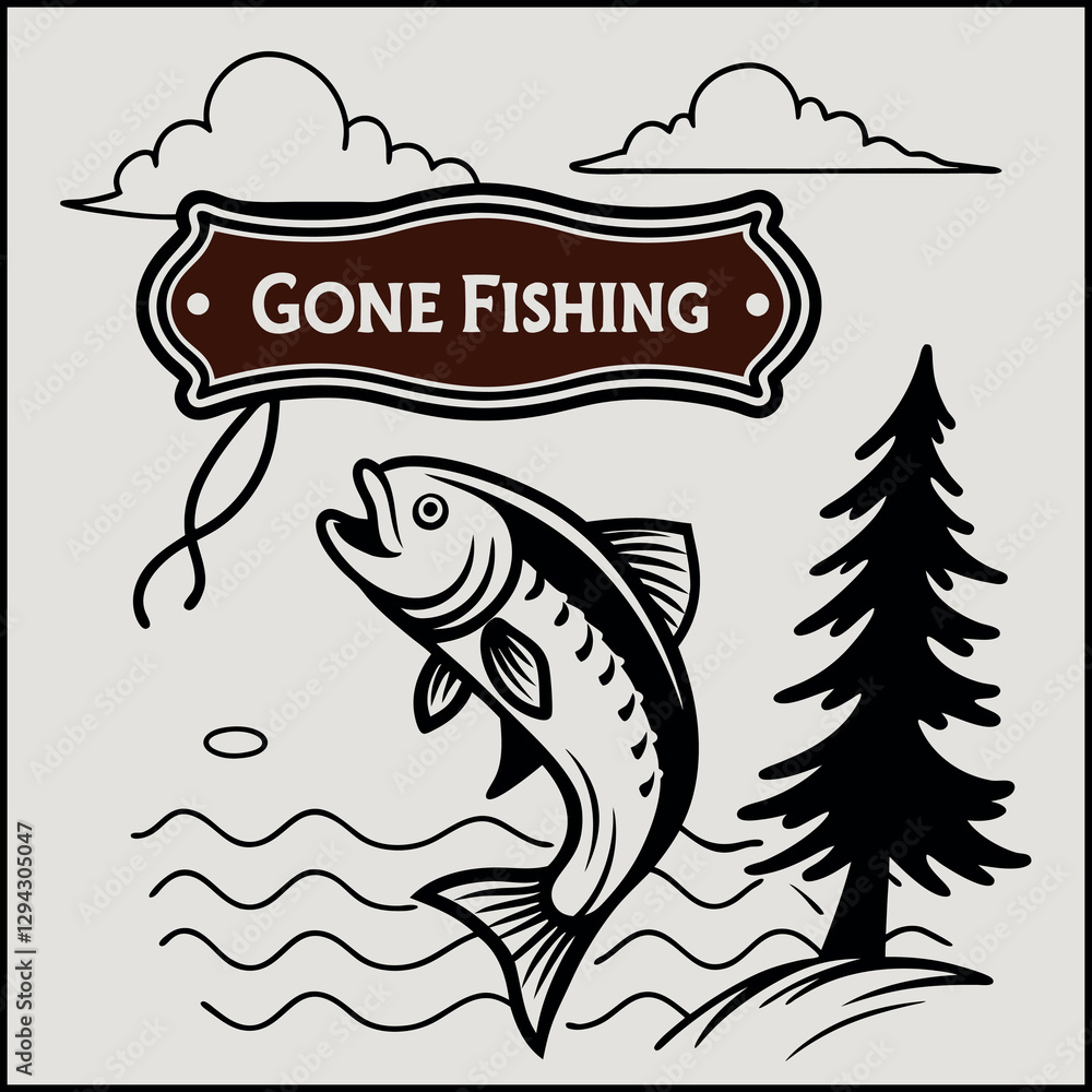 Gone Fishing- T-Shirt Design with Bass Illustration and Water Waves Gone Fishing- T-Shirt Design with Bass Illustration and Water Waves