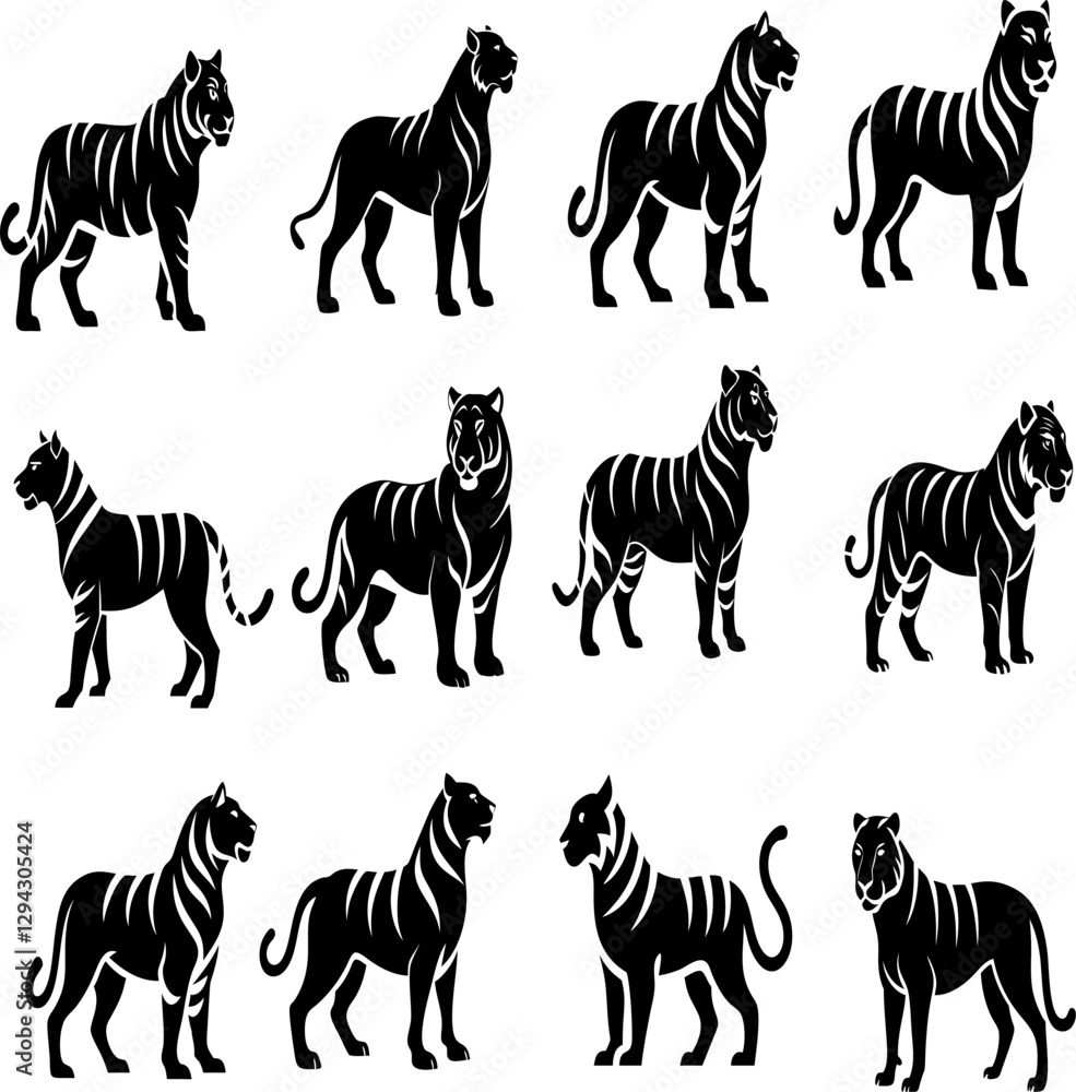 Obraz premium Flat tiger vector set – graceful standing tiger poses in a clean, modern style. Ideal for wildlife icons, animal logo design, branding, and graphic illustration packs.