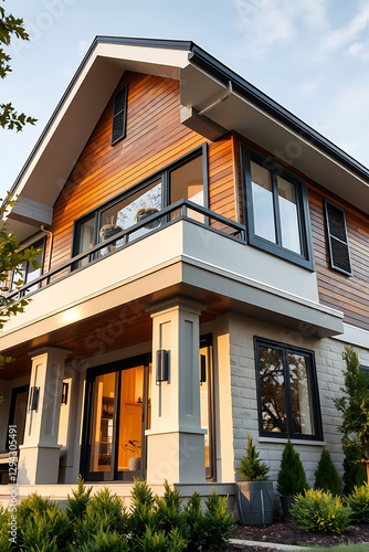 Modern House Exterior: Contemporary Home Design with Wood and Stone Facade, Balcony, and Landscaping