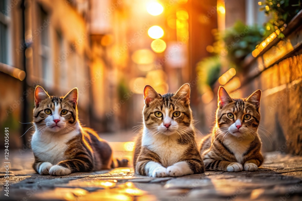 Relaxed Street Cats in Soft Bokeh Background - Urban Feline Friends Relaxed Street Cats in Soft Bokeh Background - Urban Feline Friends