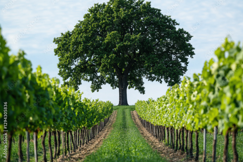 Naklejka premium Majestic tree dominating green vineyard landscape on sunny day