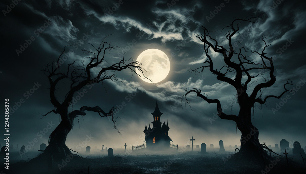 Fototapeta premium A dark, grunge-style Halloween landscape featuring a haunting silhouetted against a glowing full moon.