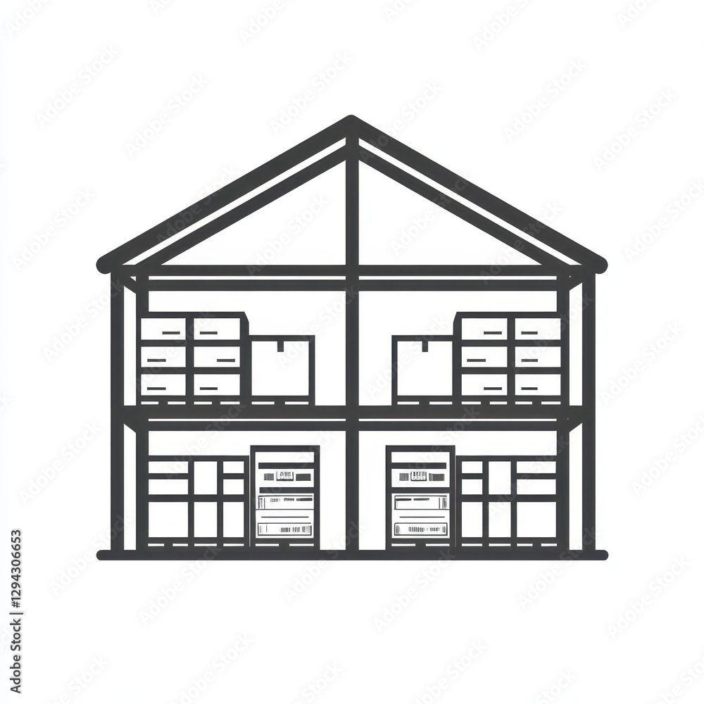 Minimalist Icon of Open Warehouse with Storage Rack and Boxes Minimalist Icon of Open Warehouse with Storage Rack and Boxes
