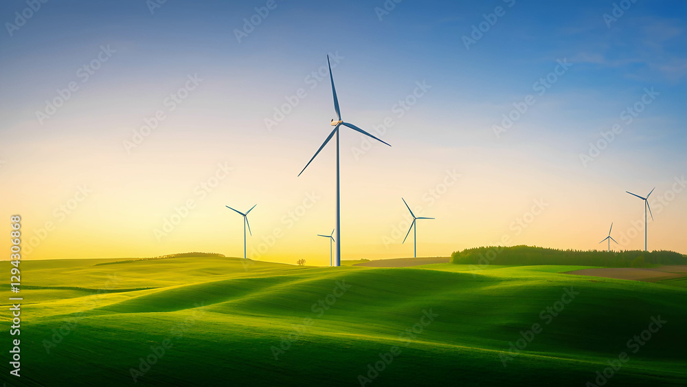 Fototapeta premium Wind turbines on a rolling green landscape at sunrise, representing renewable energy