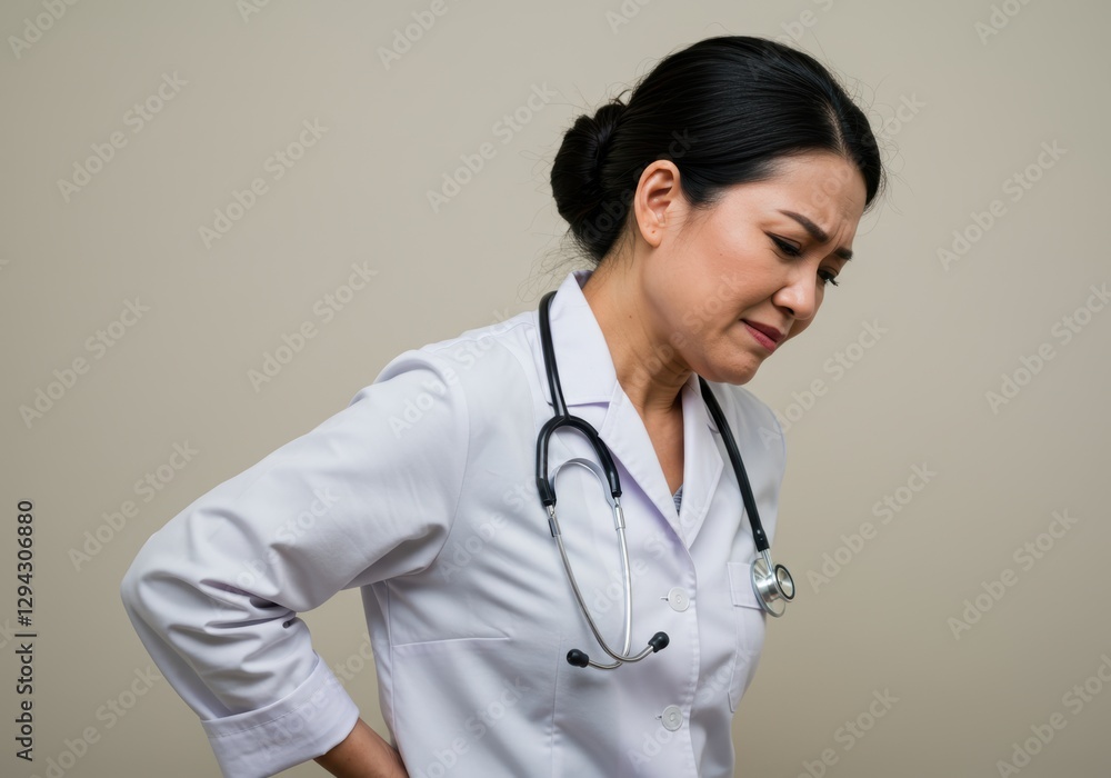 Female doctor experiencing back pain while wearing a stethoscope Female doctor experiencing back pain while wearing a stethoscope
