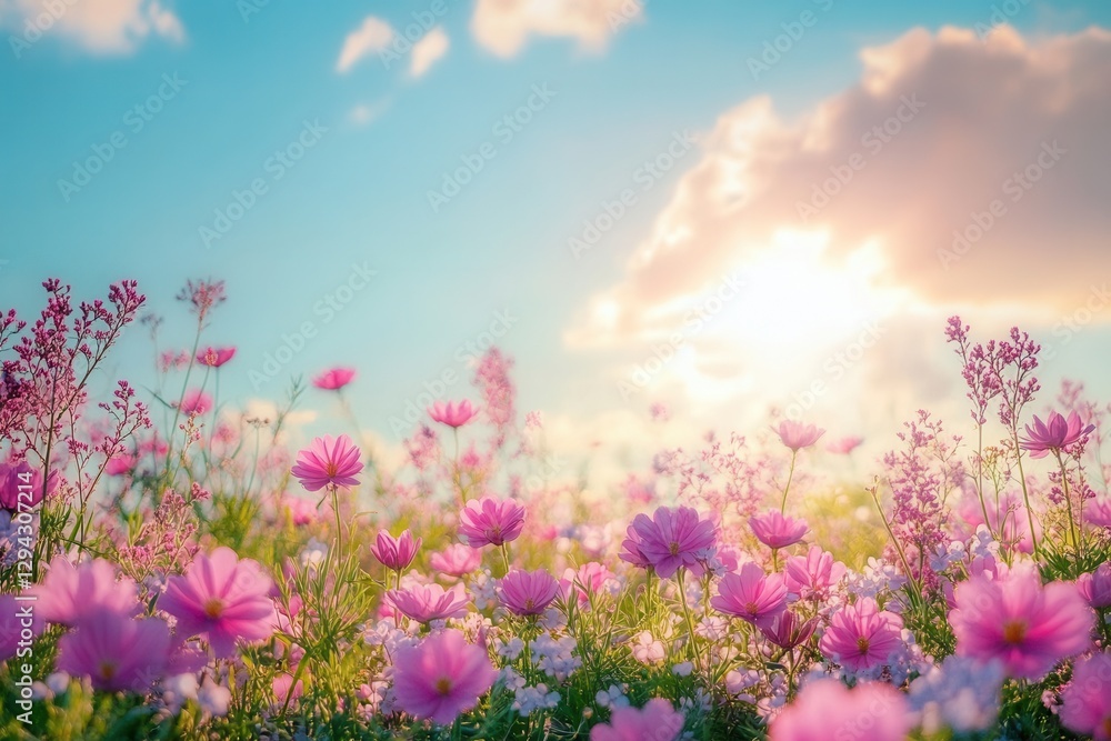 Serene Cosmos Field Bathed in Golden Sunlight Under a Tranquil Blue Sky Capturing Nature's Beauty and Floral Harmony Serene Cosmos Field Bathed in Golden Sunlight Under a Tranquil Blue Sky Capturing Nature's Beauty and Floral Harmony