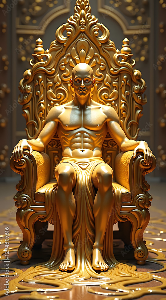 Fototapeta premium A golden statue of a muscular man sits regally on an ornate throne, showcasing intricate designs and a luxurious atmosphere in a grand setting