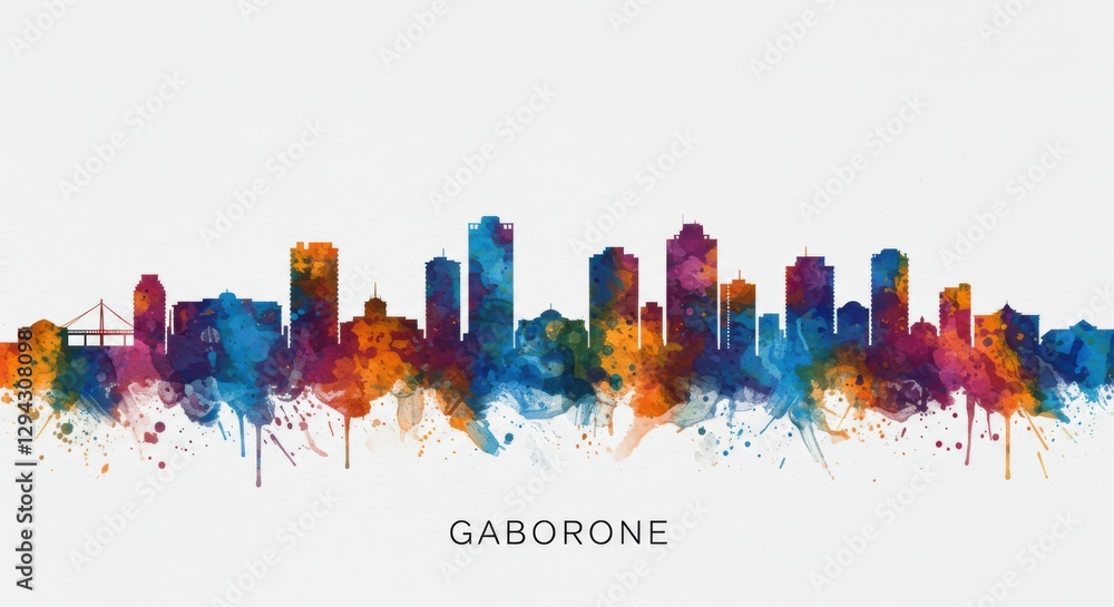 Obraz premium Vibrant watercolor skyline of gaborone with bold splashes of color