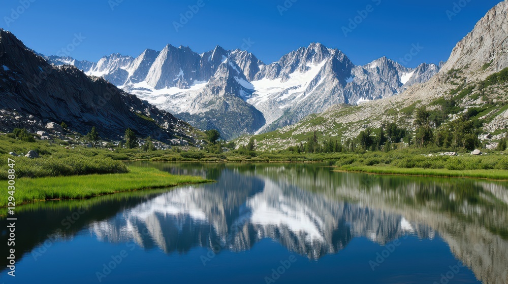 Serene Lake Reflecting Snow-Capped Mountains in Clear Blue Sky Serene Lake Reflecting Snow-Capped Mountains in Clear Blue Sky