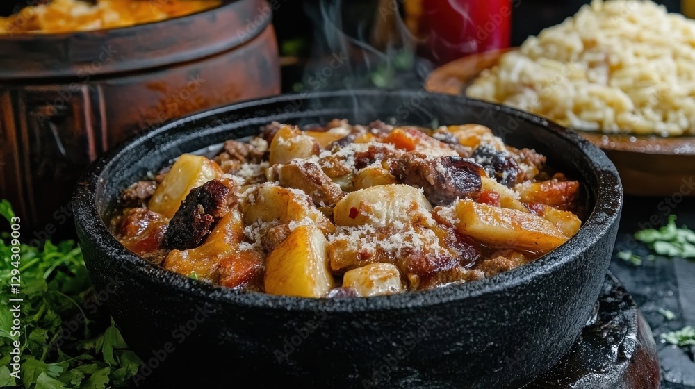 Steaming hot beef stew with potatoes and vegetables in a clay pot Steaming hot beef stew with potatoes and vegetables in a clay pot