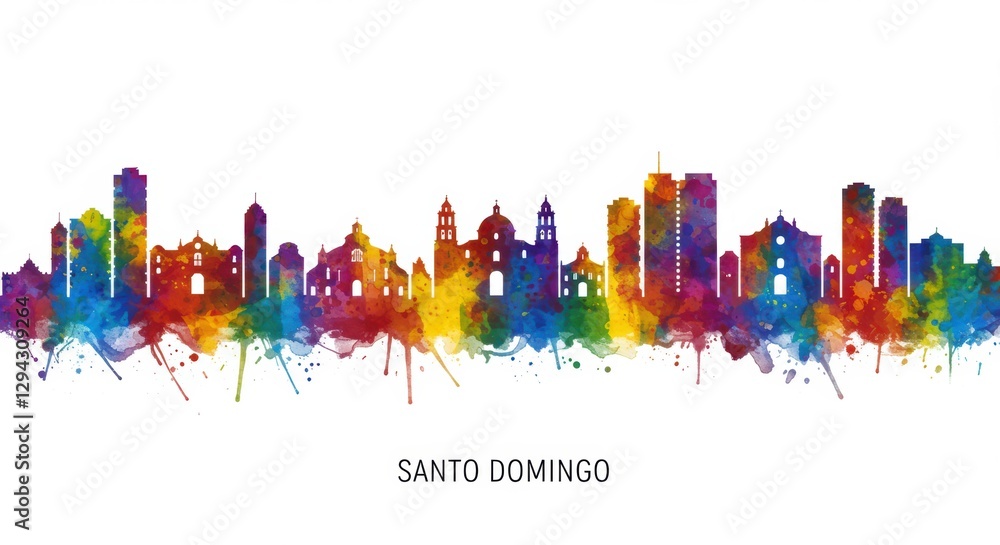 Obraz premium Vibrant watercolor skyline of santo domingo in rainbow colors