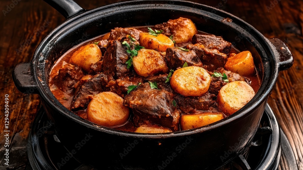 Delicious hungarian goulash with beef and potatoes simmering in a pot Delicious hungarian goulash with beef and potatoes simmering in a pot