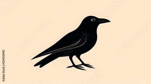 Regal raven with slightly open beak depicted in a dark dramatic woodcut print style  This monochrome has a bold graphic with a mysterious ominous feel