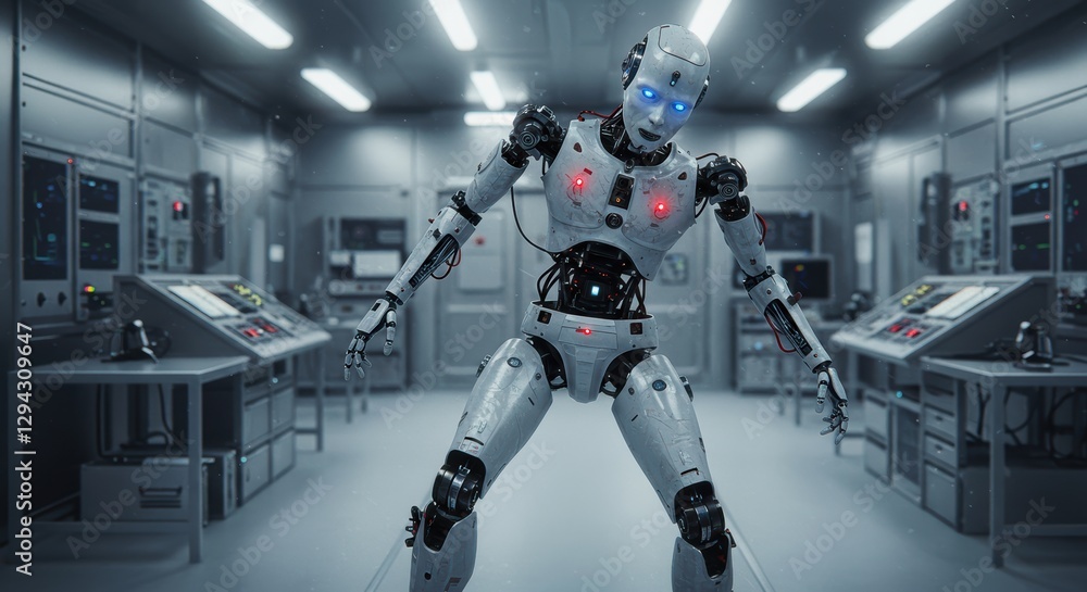 Futuristic humanoid robot with blue eyes in high-tech laboratory setting Futuristic humanoid robot with blue eyes in high-tech laboratory setting
