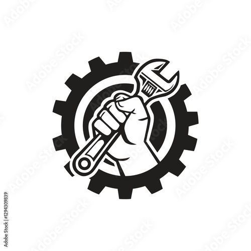 black and white logo of service gear icon design with hand grab a wrench