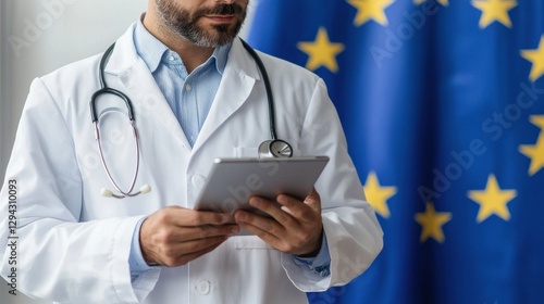 Medical Professional Holding Tablet with European Union Flag Background