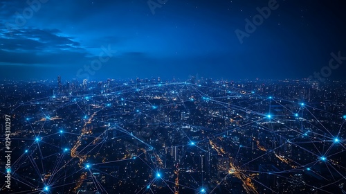 Nighttime cityscape displaying connected network communication infrastructure around city