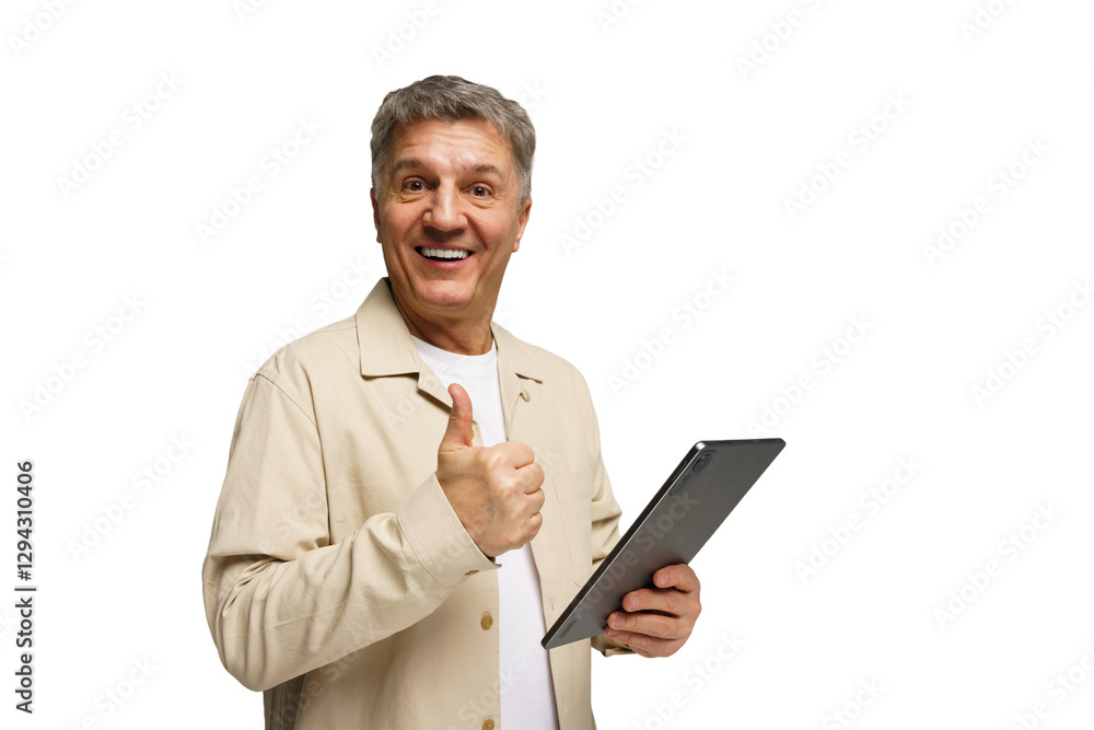 Smiling man giving thumbs up while holding tablet in modern studio setting Smiling man giving thumbs up while holding tablet in modern studio setting