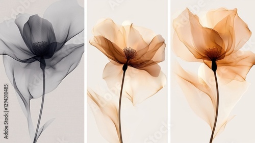 Wallpaper Mural Elegant floral triptych of translucent poppy flowers in black brown and beige tones against a neutral background artistic botanical design Torontodigital.ca