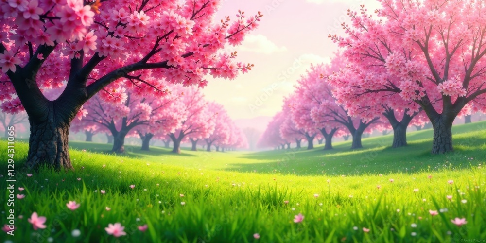 Fototapeta premium A picturesque springtime vista showcasing a vibrant meadow adorned with numerous blossoming pink trees, creating a serene and idyllic landscape.