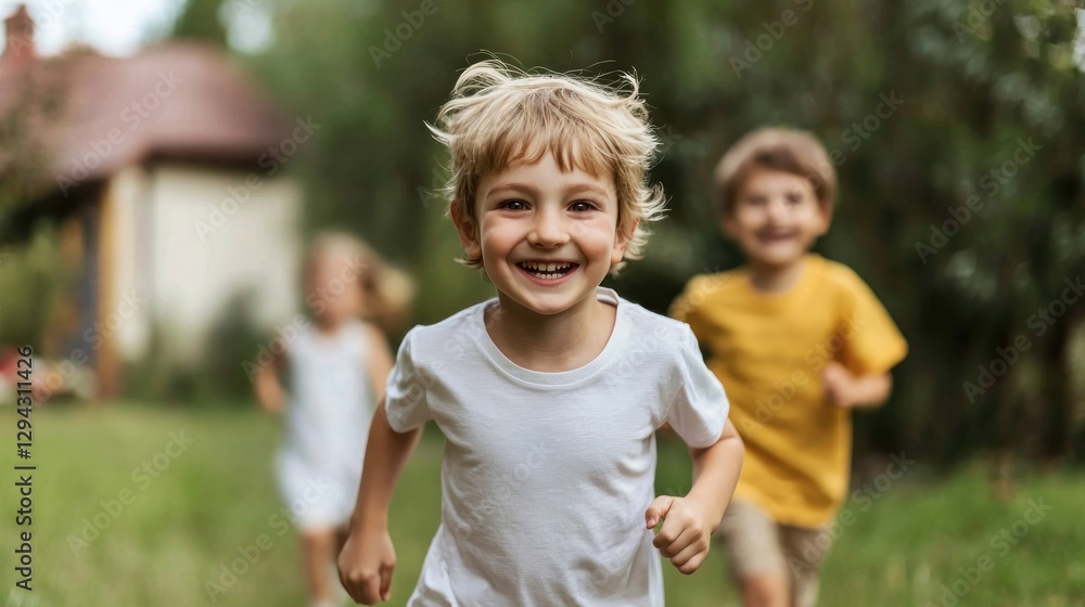 Fototapeta premium Excited Children Running Towards Their New Home