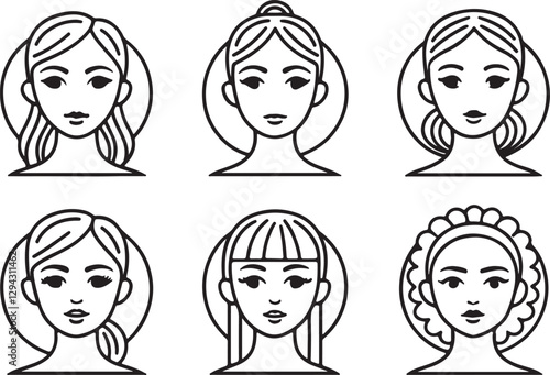 Female facial face editable flat stroke line art icon set. Outline of beauty type spa step. Vector illustration on a white background.