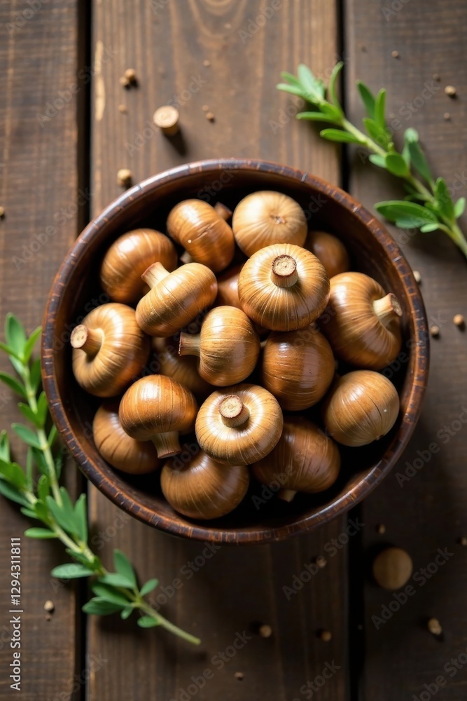 Obraz premium A Bowl of Brown Mushrooms on a Wooden Surface with Herbs
