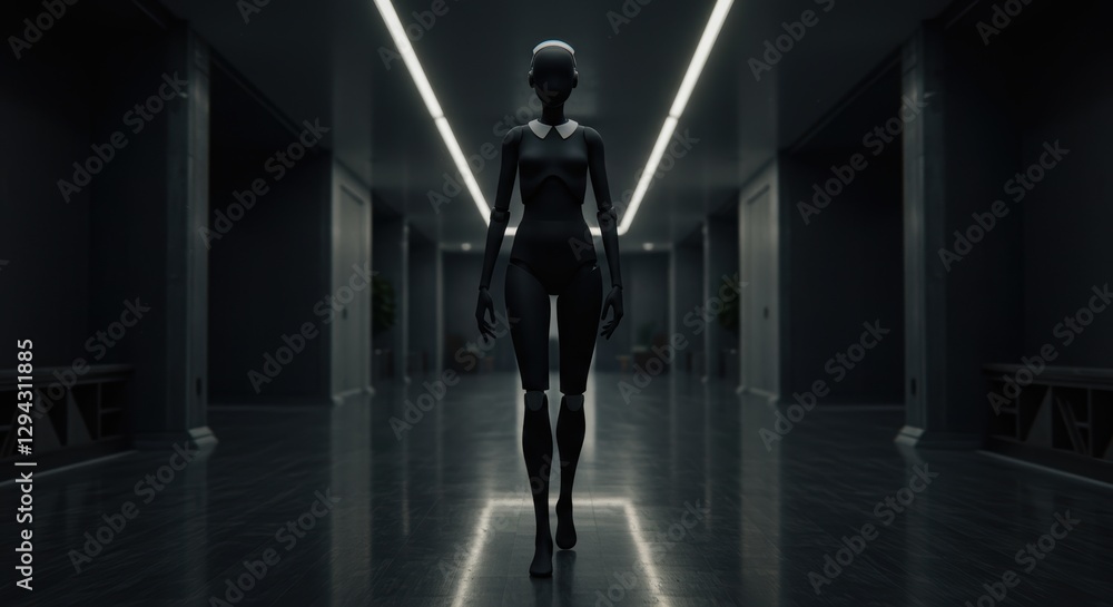 Obraz premium Silhouette of futuristic robot walking through minimalist corridor with dramatic lighting