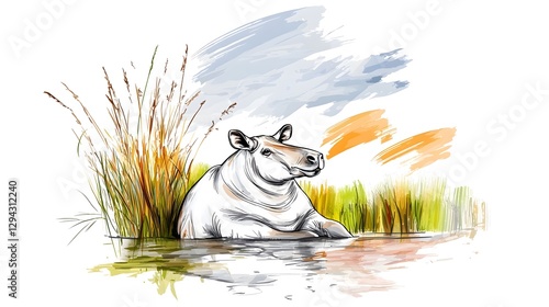 Tapir Resting Near Riverbank Depicted in a Classic Scientific Style with Soft Cross Hatching Detailing the Animal and Its Natural Habitat