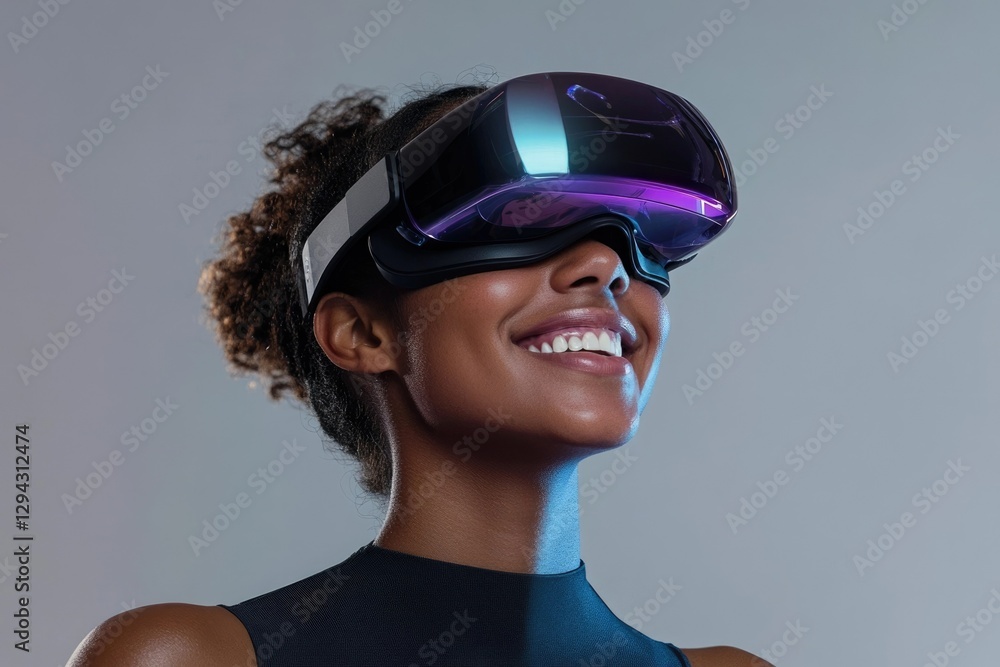A smiling woman immersed in a virtual reality experience, wearing a sleek VR headset. A smiling woman immersed in a virtual reality experience, wearing a sleek VR headset.